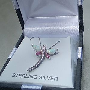 Sterling silver opal and cubic zirconia dragonfly necklace